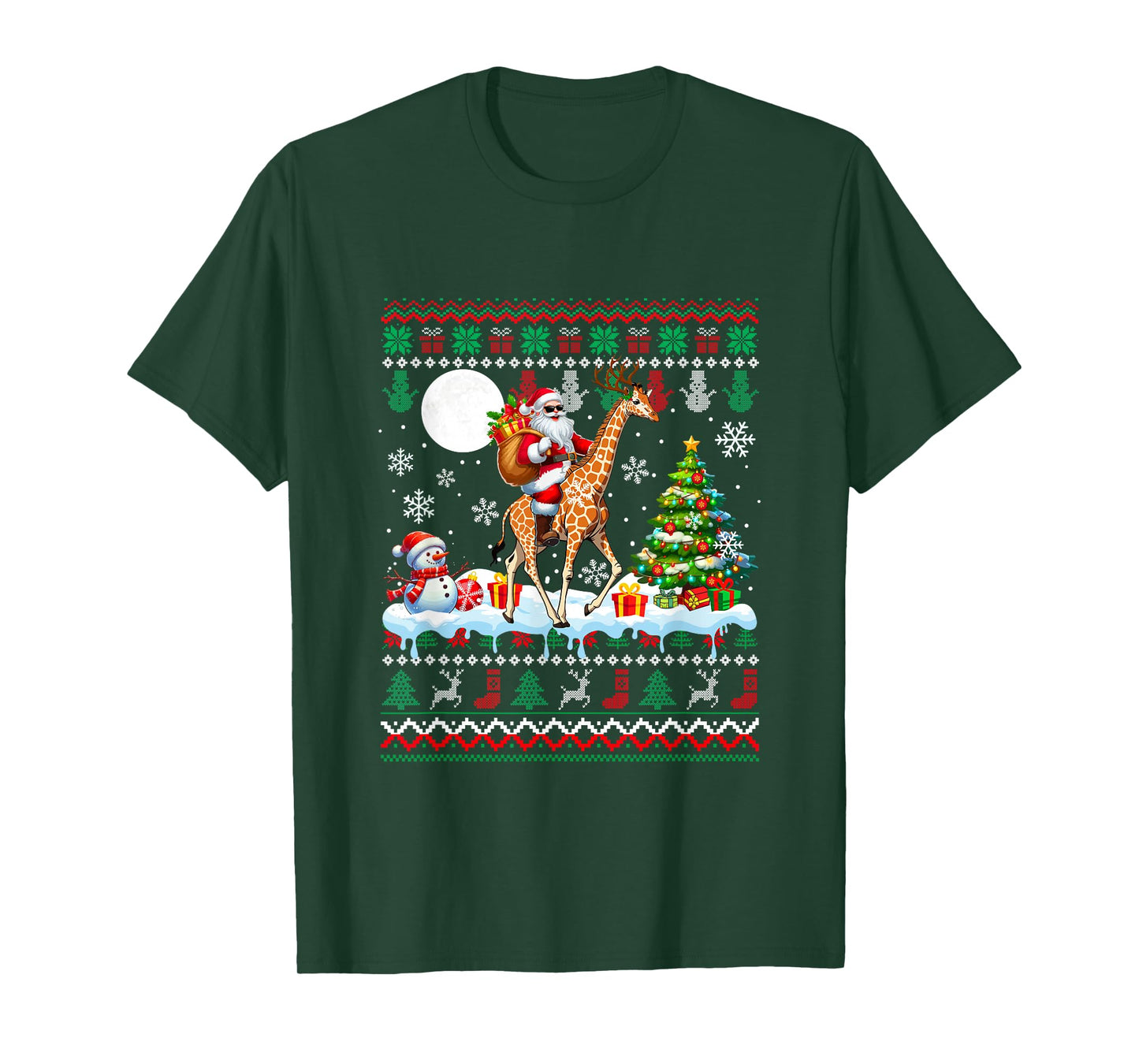 Santa Sunglasses Riding Giraffe Christmas Sweater Snowman T-Shirt