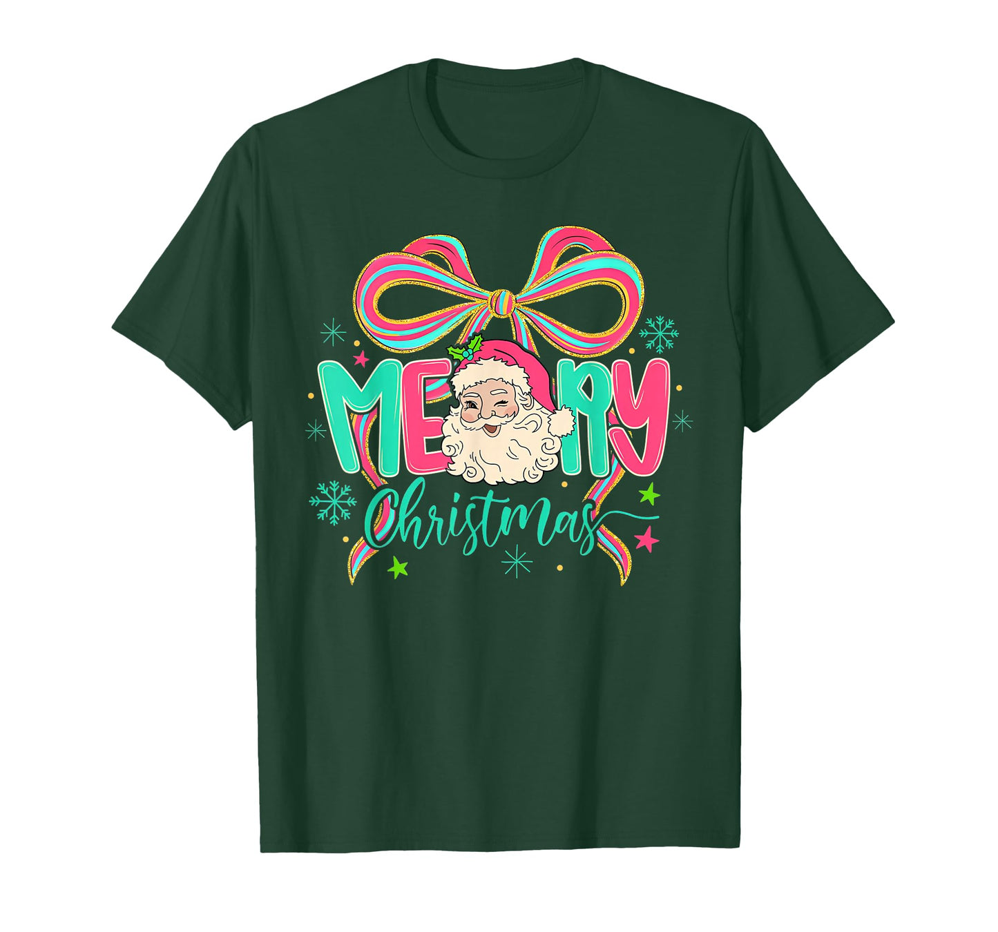 Coquette Bow Santa Preppy Christmas Bow Merry Christmas T-Shirt