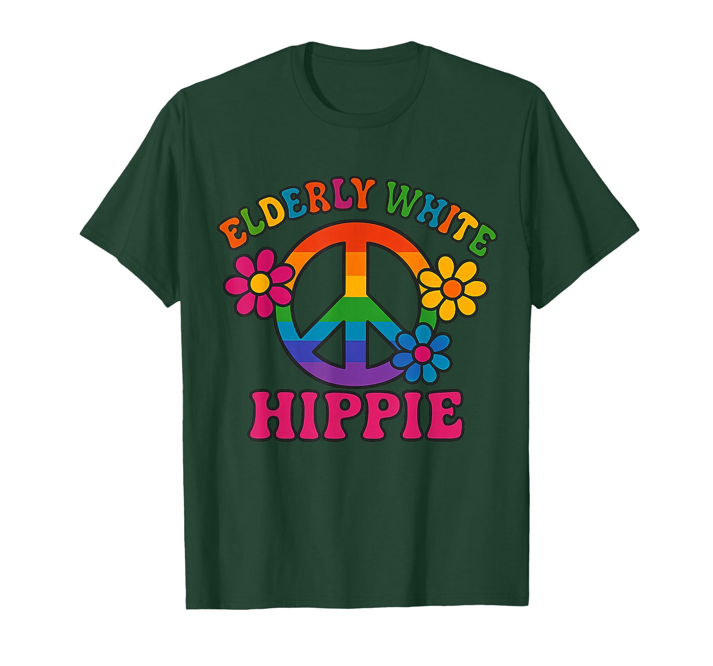 Elderly White Hippie Retro Rainbow Peace Sign Flowers Trendy T-Shirt