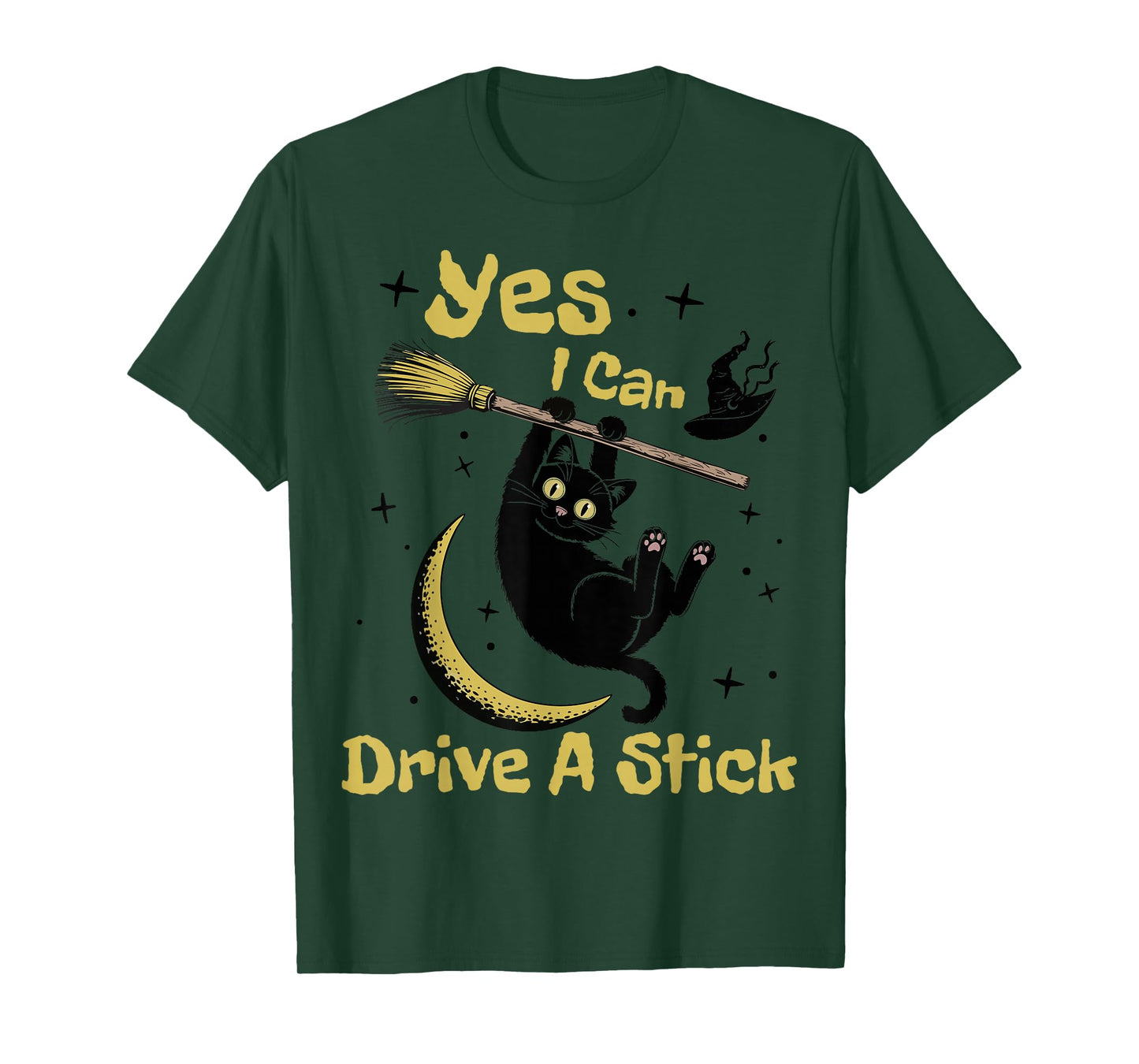 Yes I Can Drive A Stick Funny Halloween Spooky Witch Cat Mom T-Shirt