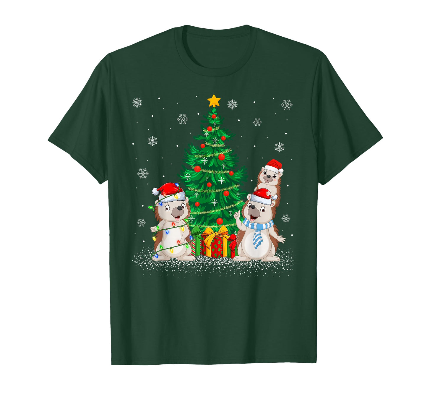Cute Hedgehog Christmas Tree Lights Funny Hedgehog Xmas T-Shirt