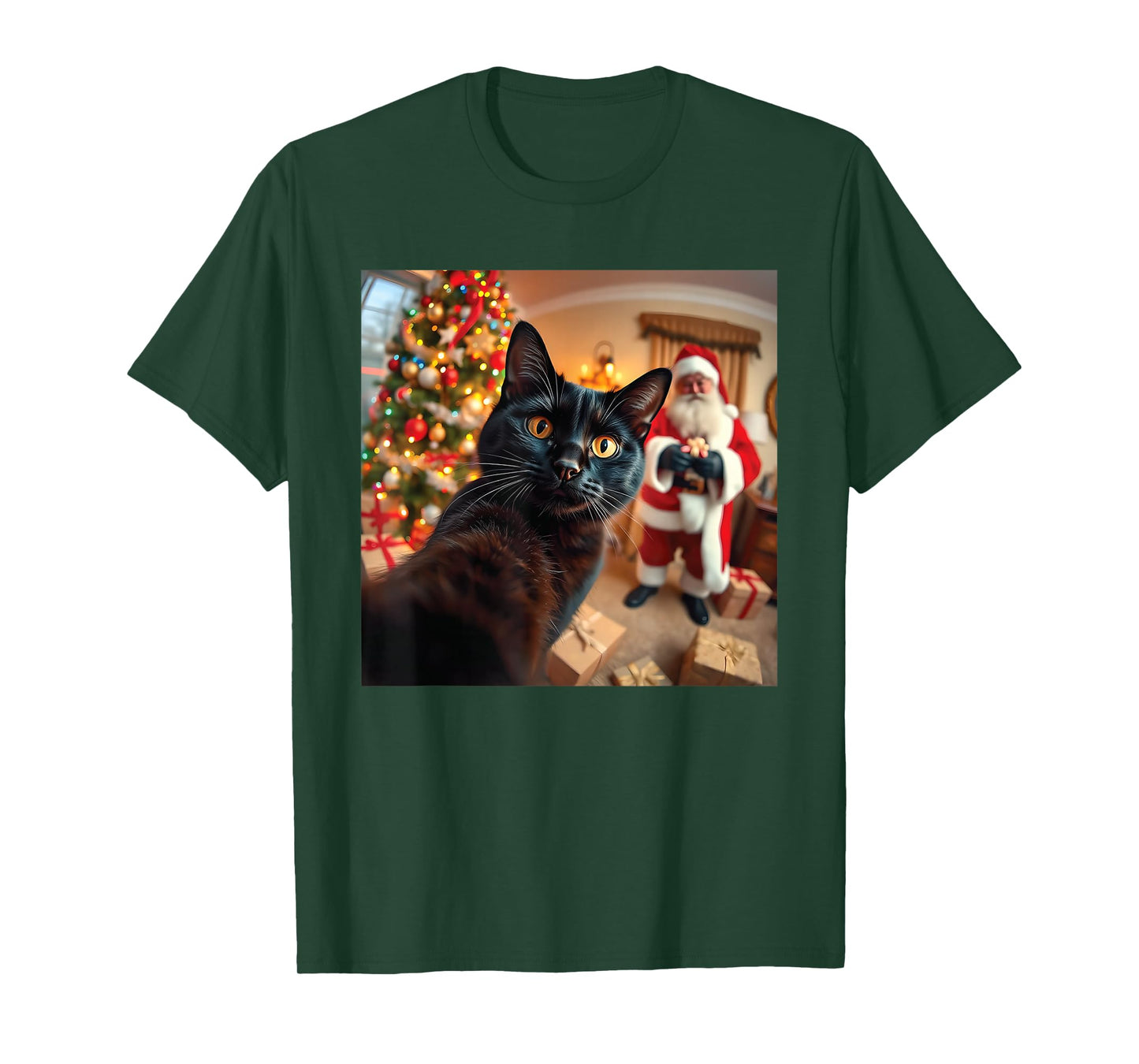 Funny Christmas Santa with Cat Selfie for Men Women T-Shirt