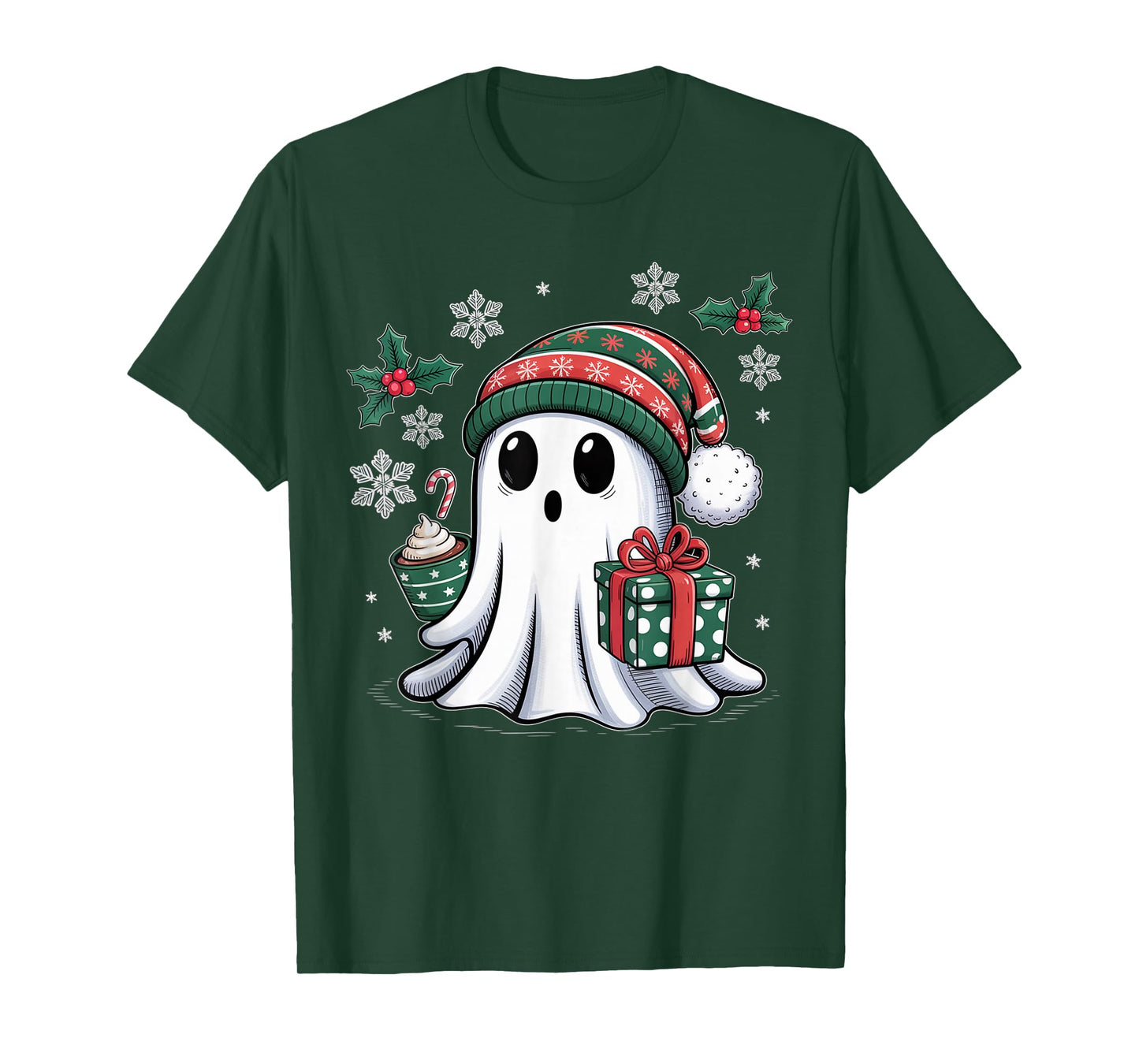 Cute Christmas Ghost Spirit with Santa Hat Coffee and Gift T-Shirt