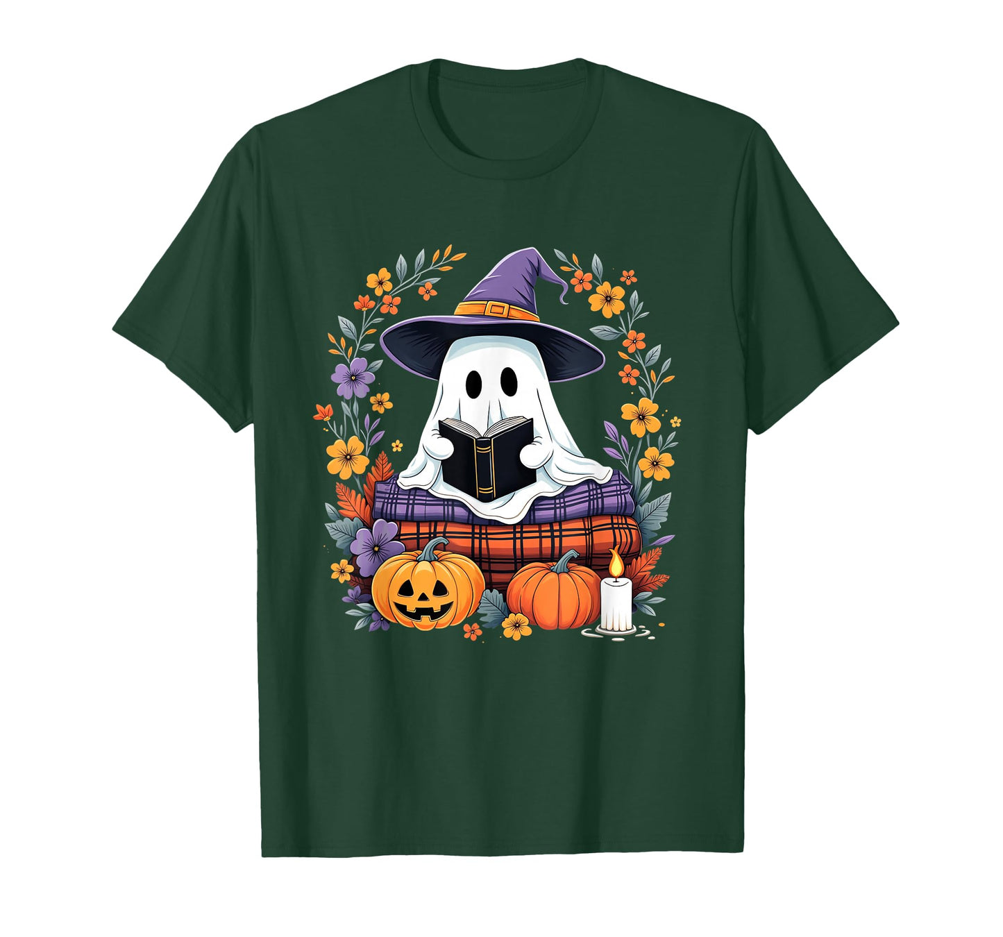 Halloween Ghost Witch Hat Reading Pumpkins Flowers Candle T-Shirt