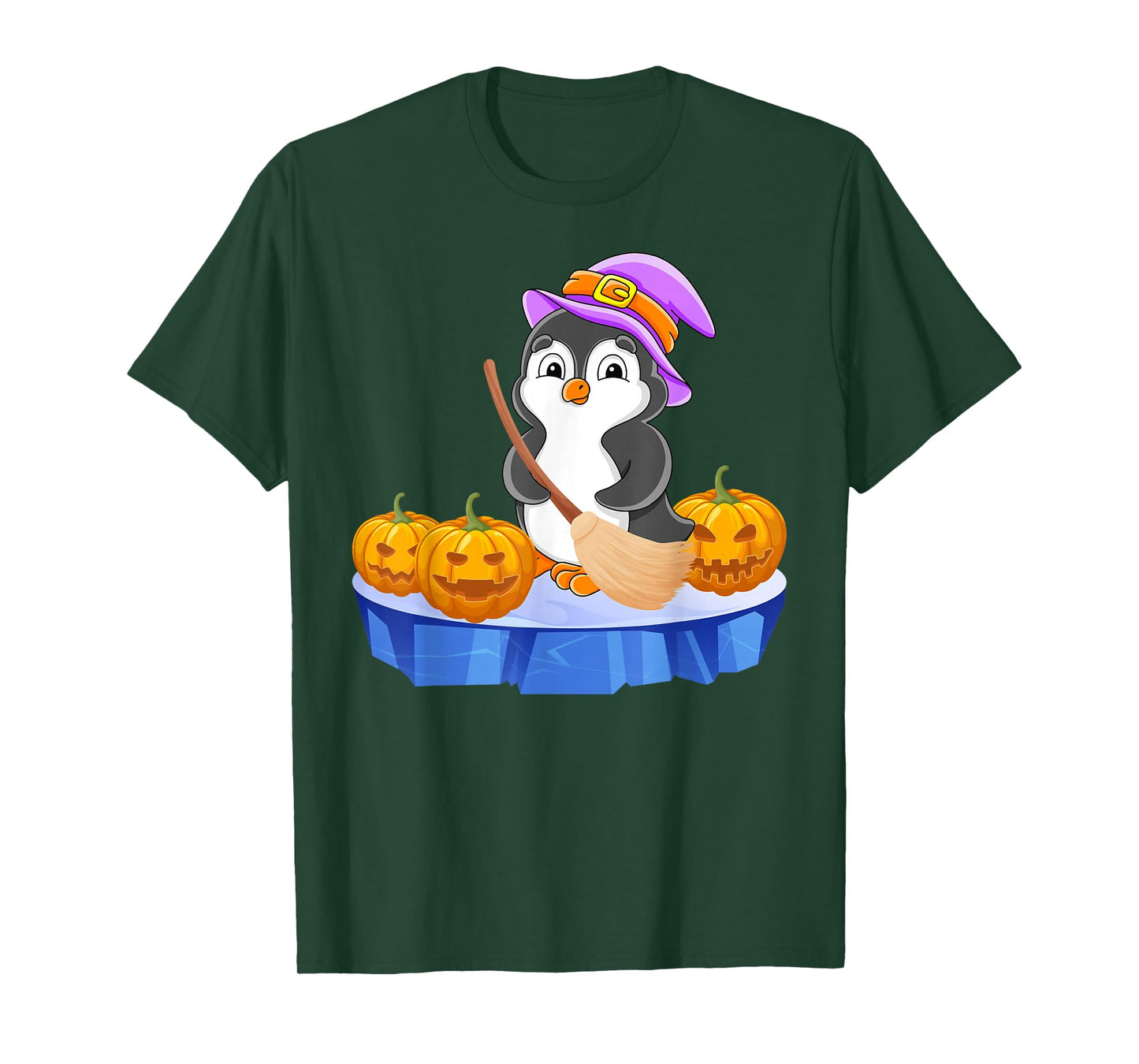 Funny Penguin in Witch Costume Pumpkins Happy Halloween Day T-Shirt