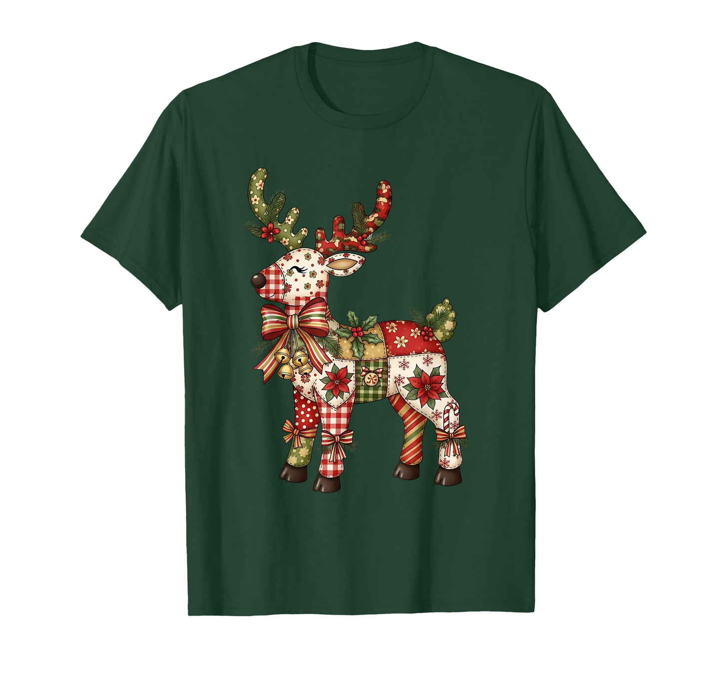 Reindeer Patchwork Coquette Bow Christmas Pajamas Holiday T-Shirt