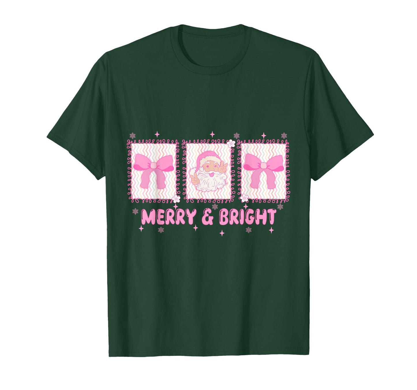 Merry and Bright Pink Christmas Bow Coquette Preppy Santa T-Shirt