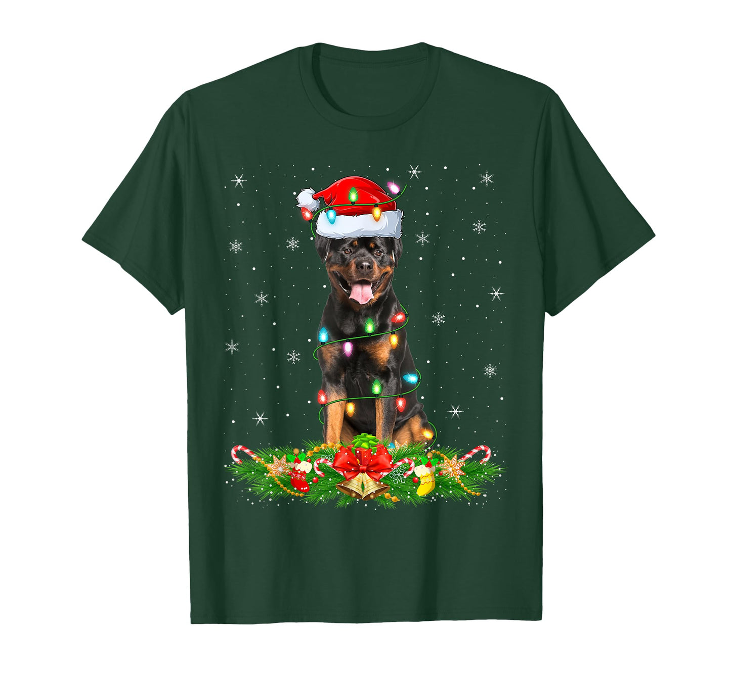 Rottweiler Dog Christmas Lights Funny Santa Hat Xmas T-Shirt