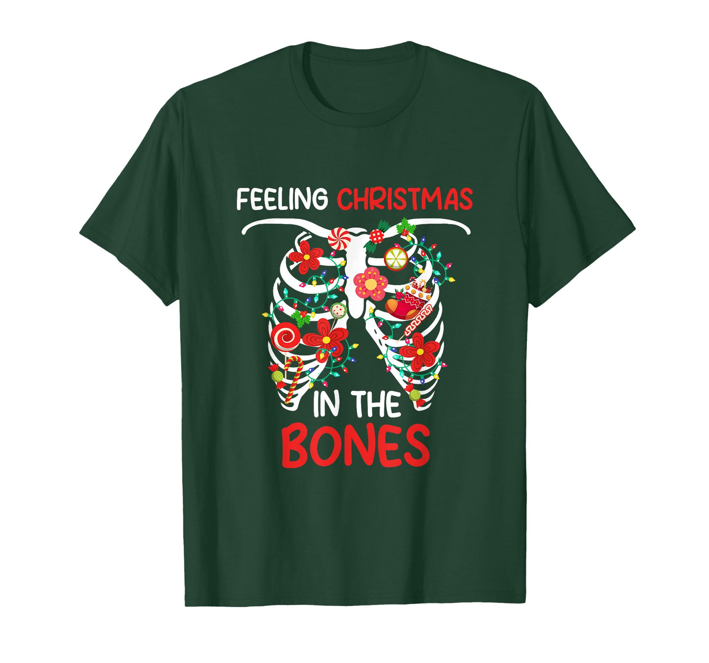 Feeling Xmas in Bones Colorful Lights Floral Xray Skeleton T-Shirt