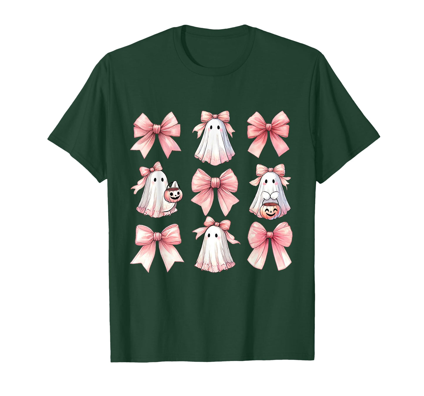 Cute Ghost Florals Pink Coquette Bows Pumpkins Halloween T-Shirt