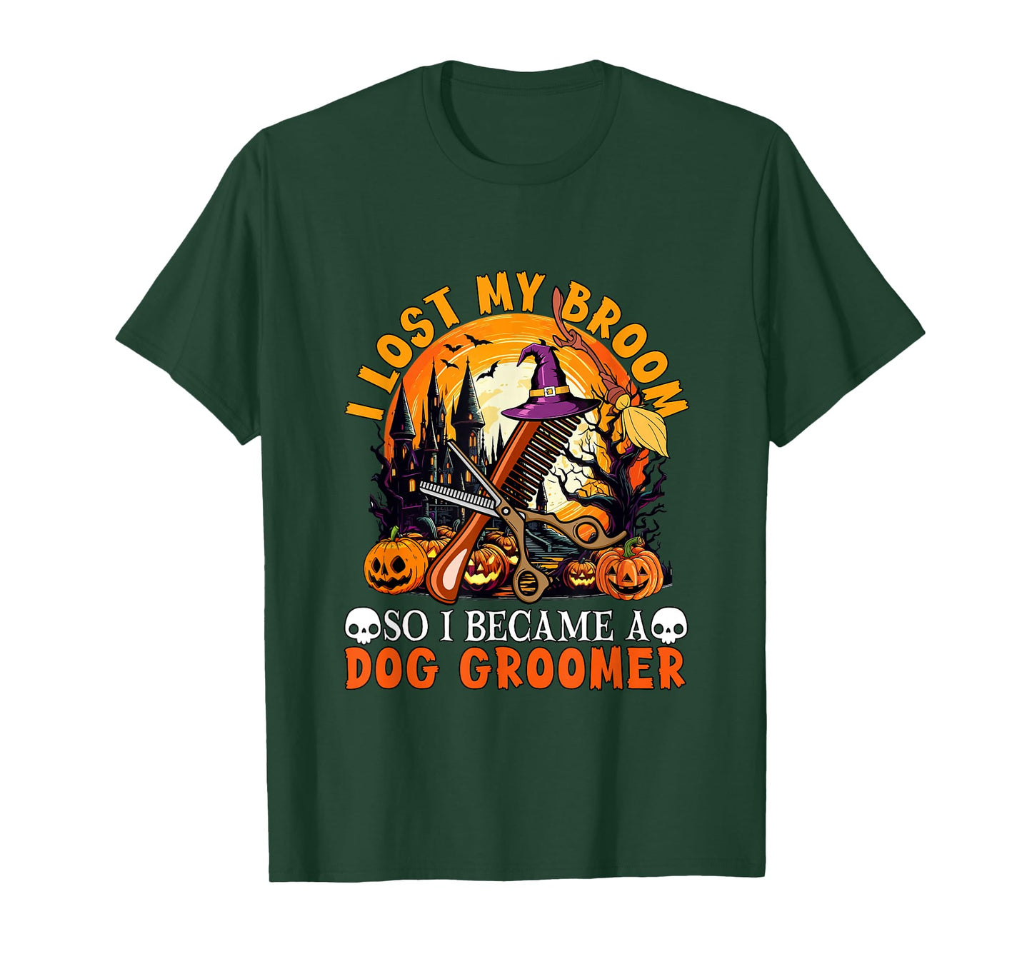 Lost Broom So I Became A Dog Groomer Halloween Witch Lover T-Shirt