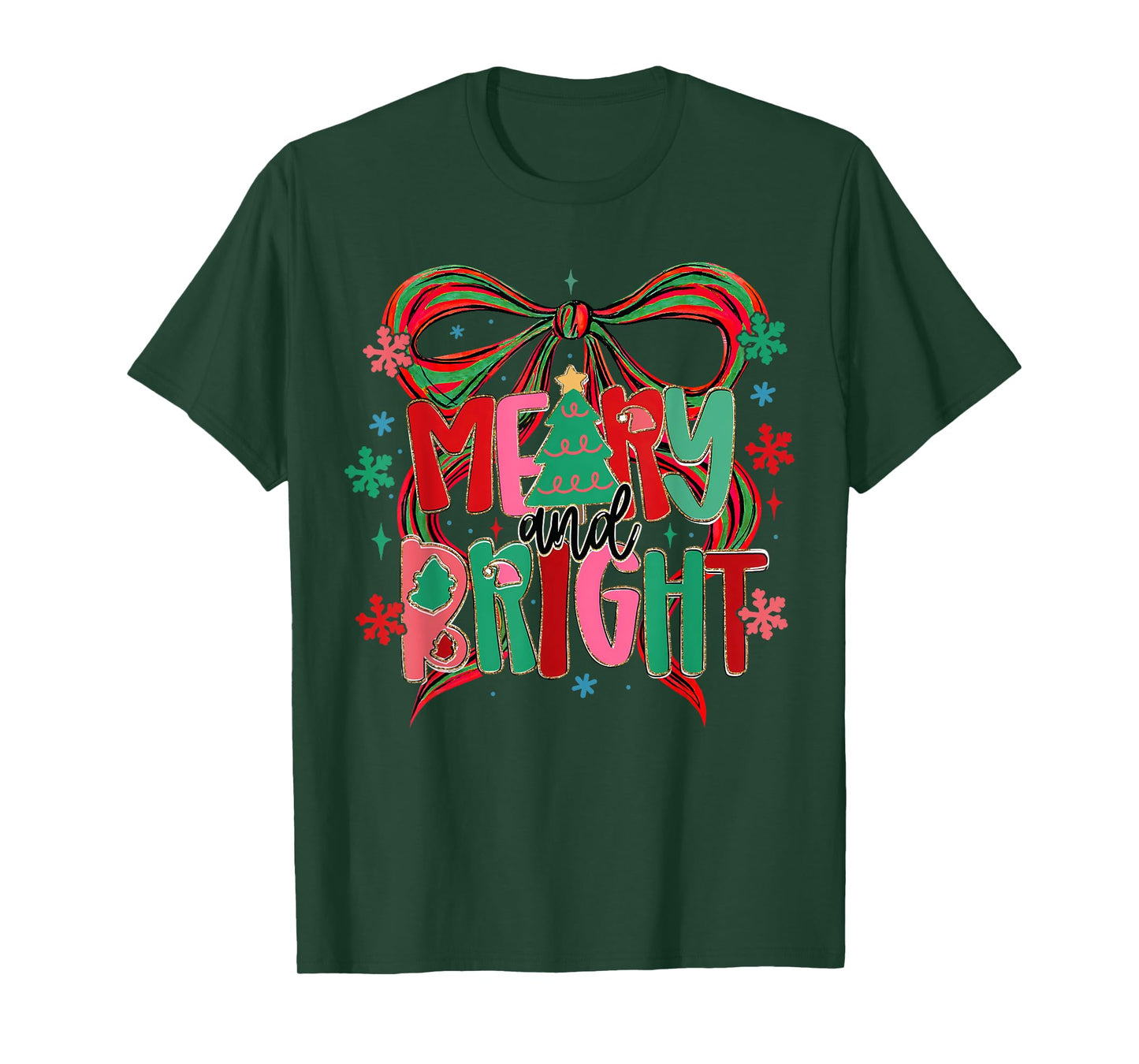 Merry & Bright Christmas Xmas Coquette Bow Pajamas Holiday T-Shirt