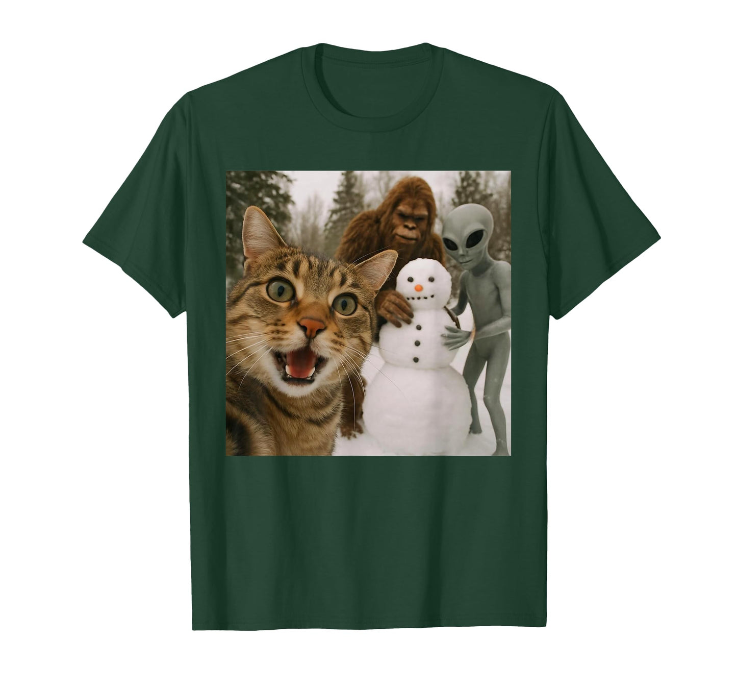 Funny Christmas Cat Selfie with Bigfoot Alien & Snowman T-Shirt