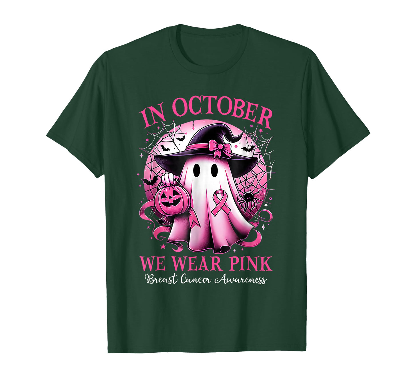 in October We Wear Pink Ghost Witch Breast Cancer Awareness T-Shirt