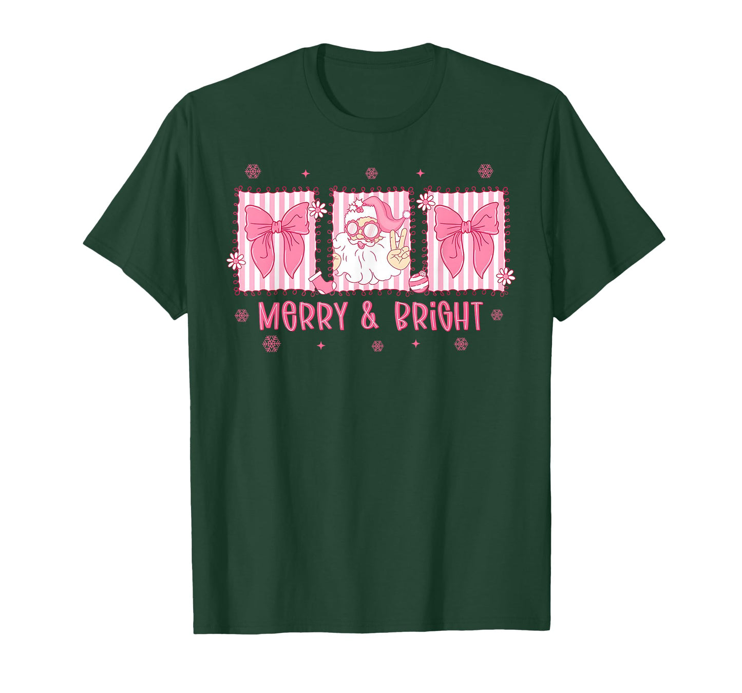 Merry and Bright Pink Coquette Bow Santa Claus Christmas T-Shirt