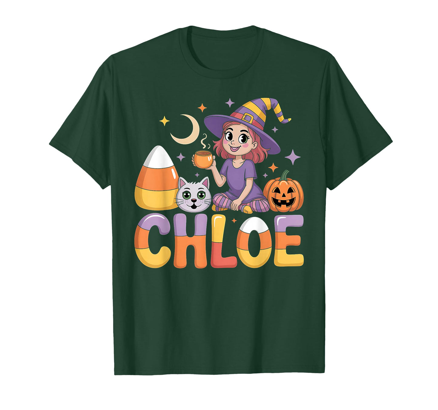 Chloe Witch Candy Corn Cat Halloween Women and Girls T-Shirt