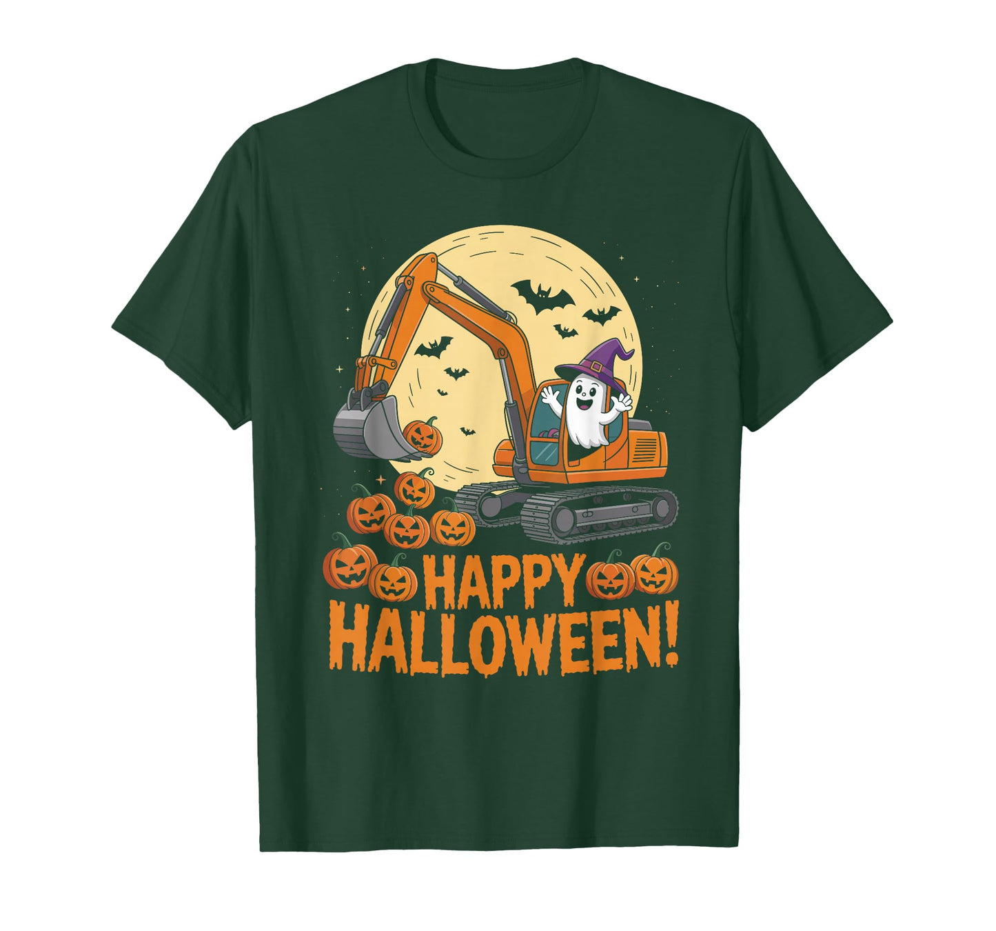 Happy Halloween Ghost Pumpkins and Excavator Construction T-Shirt