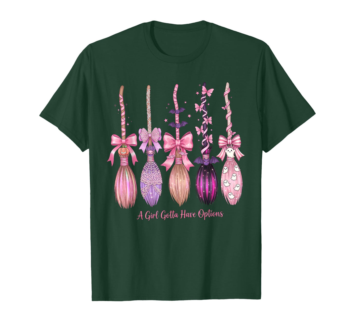Girls A Girl Gotta Have Options Pink Witch Brooms Halloween T-Shirt