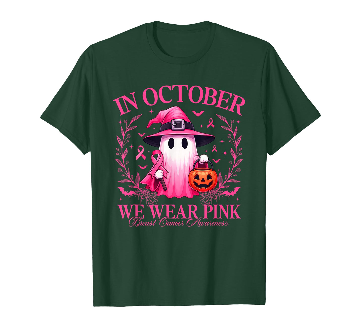 Ghost Witch in October We Wear Pink Breast Cancer Awareness T-Shirt
