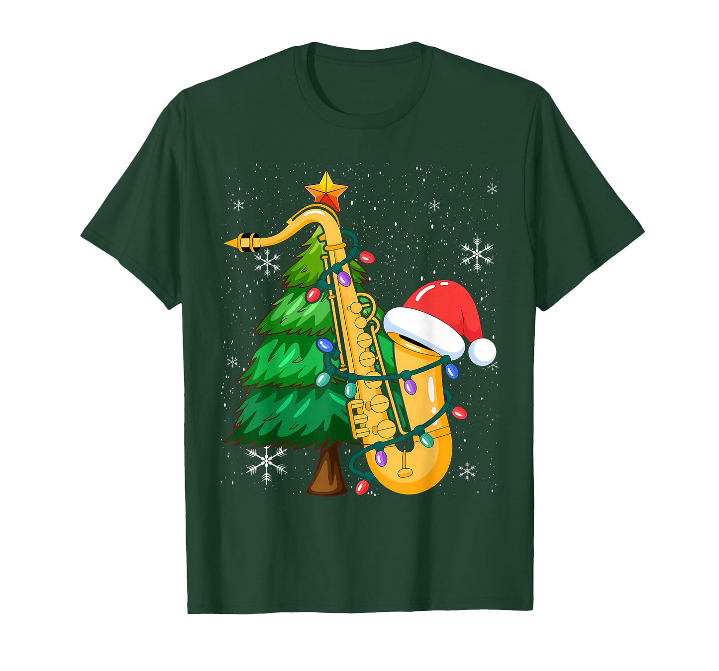 Santa Saxophone Christmas Lights Cute Instrument Xmas T-Shirt