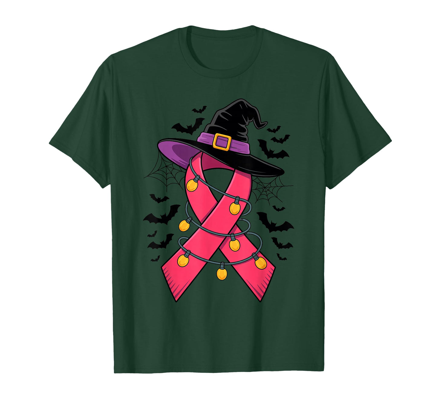 Womens Pink Ribbon Witch Hat Halloween Breast Cancer Warrior T-Shirt