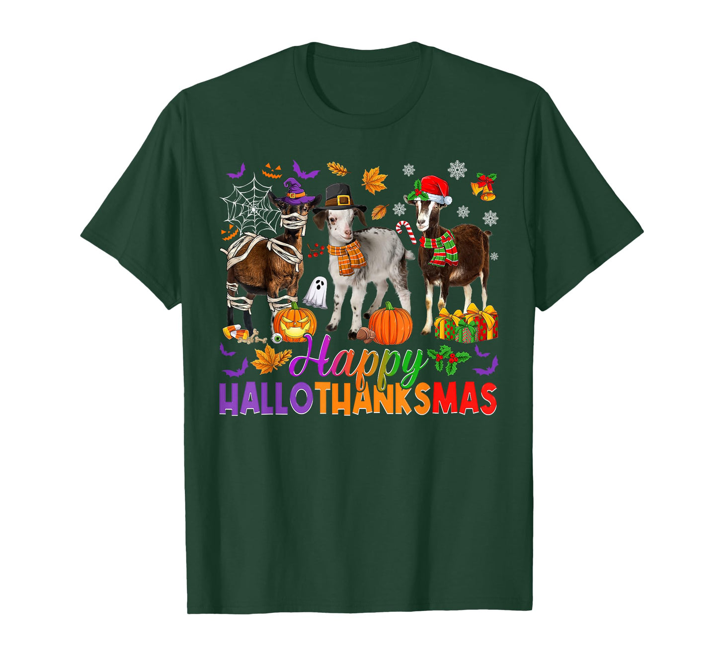 Happy Hallothanksmas Halloween Thanksgiving Christmas Goats T-Shirt