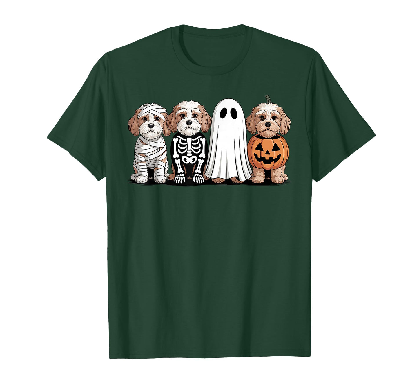 Spooky Ghost Cavapoo Pumpkin Halloween Dog Skeleton T-Shirt
