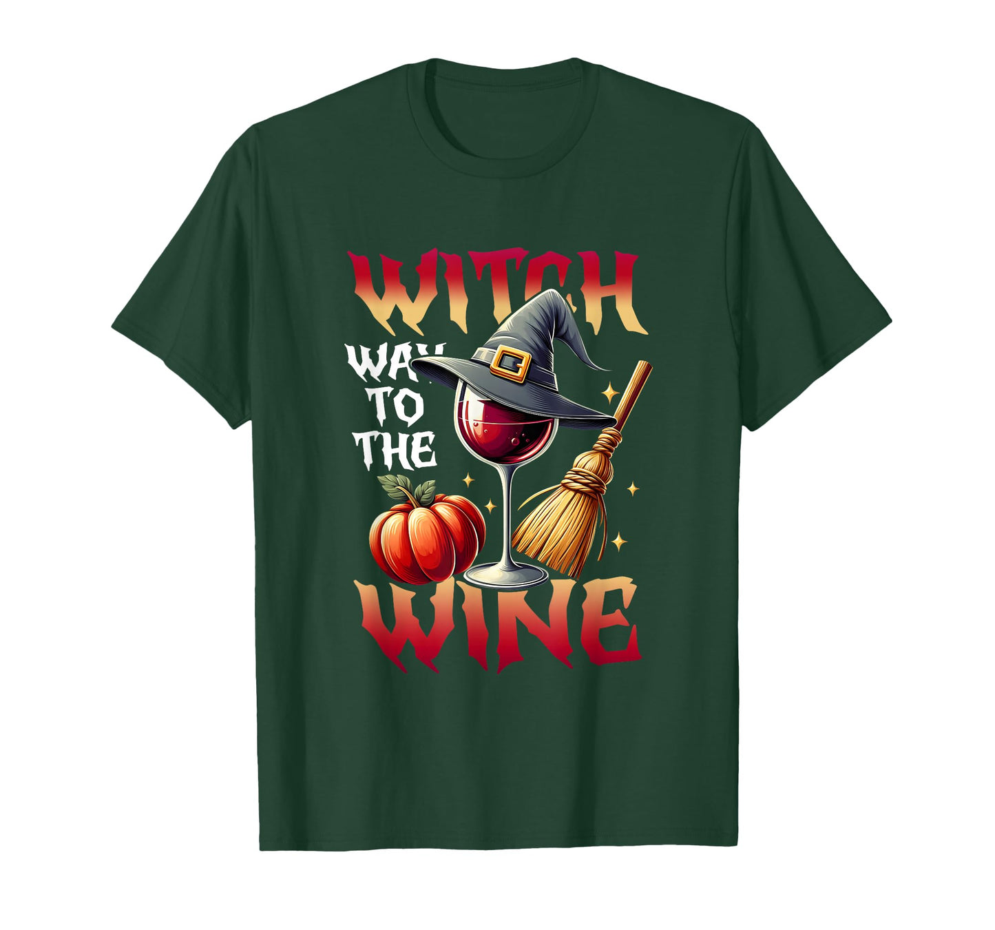 Witch WayTo The Wine Broom Hat Pumpkin and Halloween Glass T-Shirt