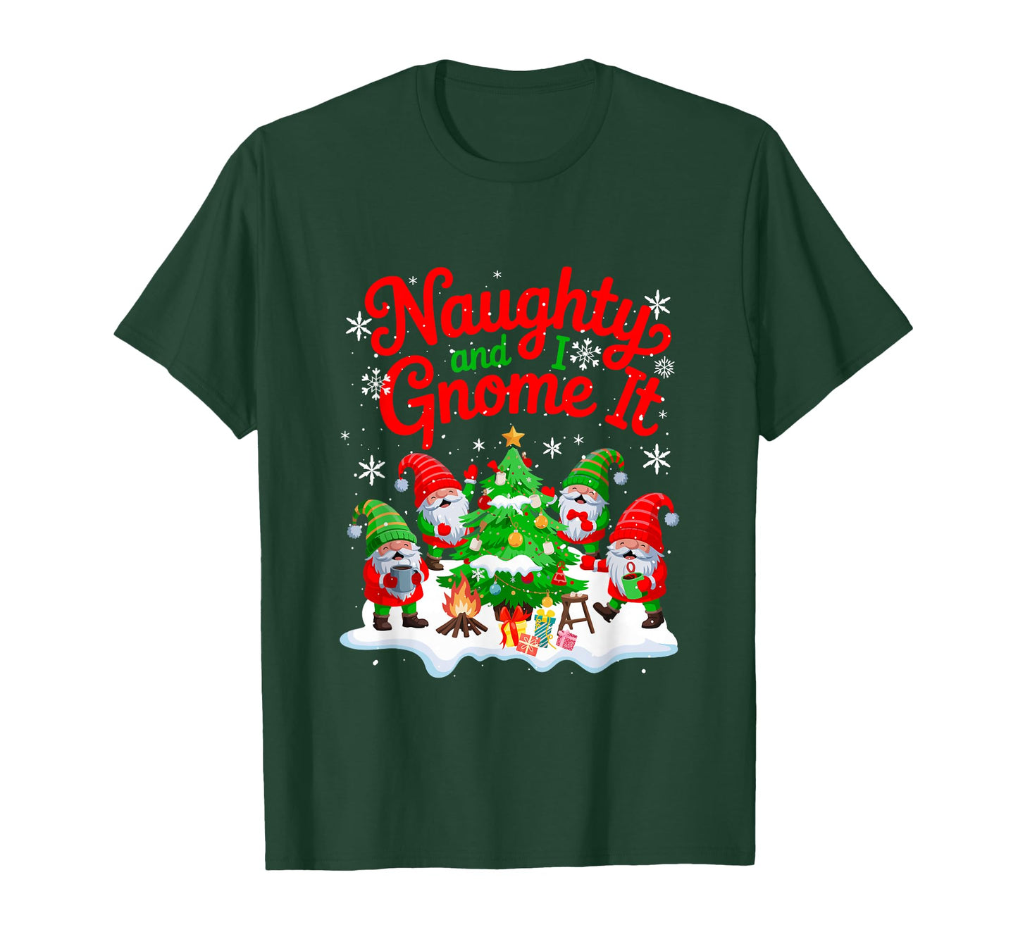 Naughty and I Gnome It Group Gnomes Decorating Xmas Tree T-Shirt