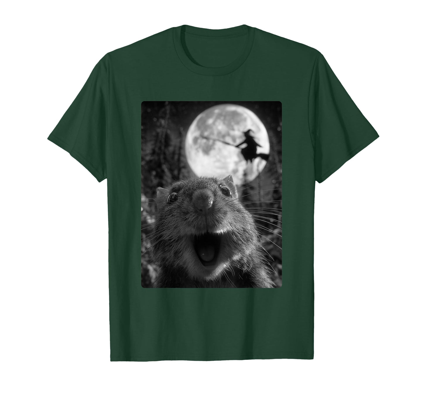 Funny Hamster Selfie Full Moon Flying Witch Forest Halloween T-Shirt