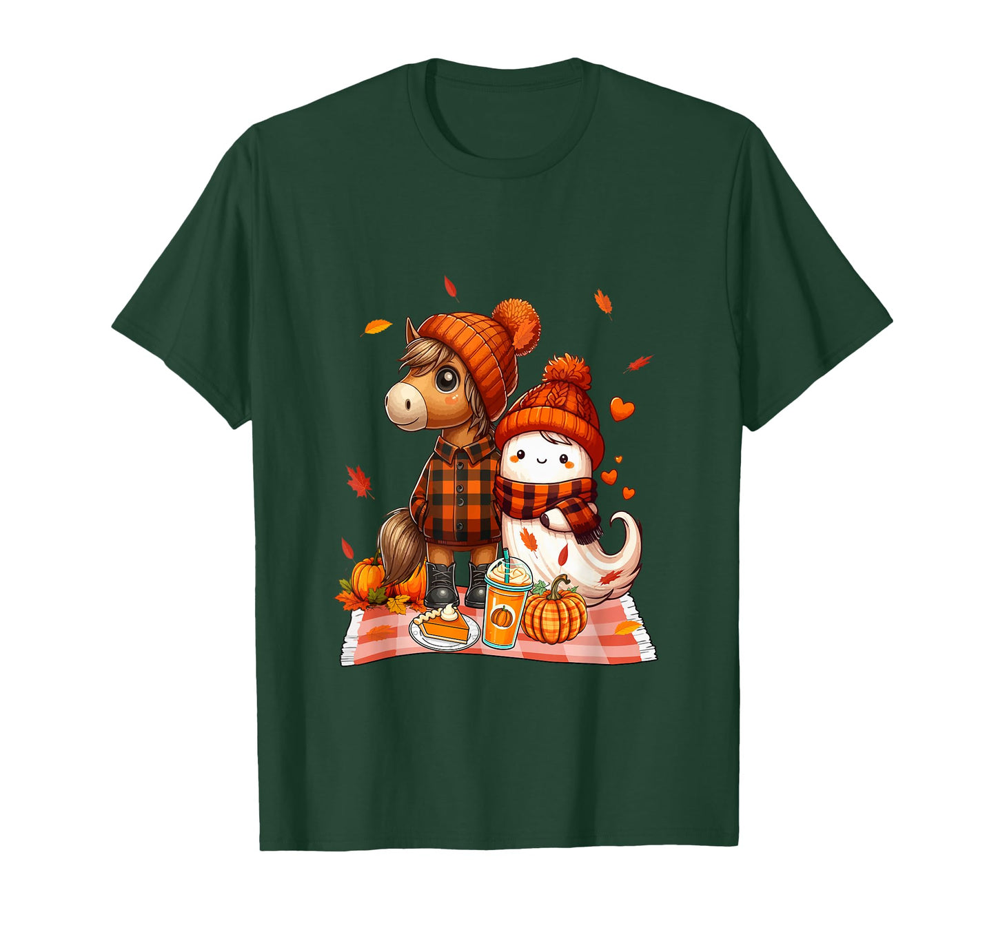 Horse with Boo Halloween Thanksgiving Fall Leaves Pumpkins T-Shirt