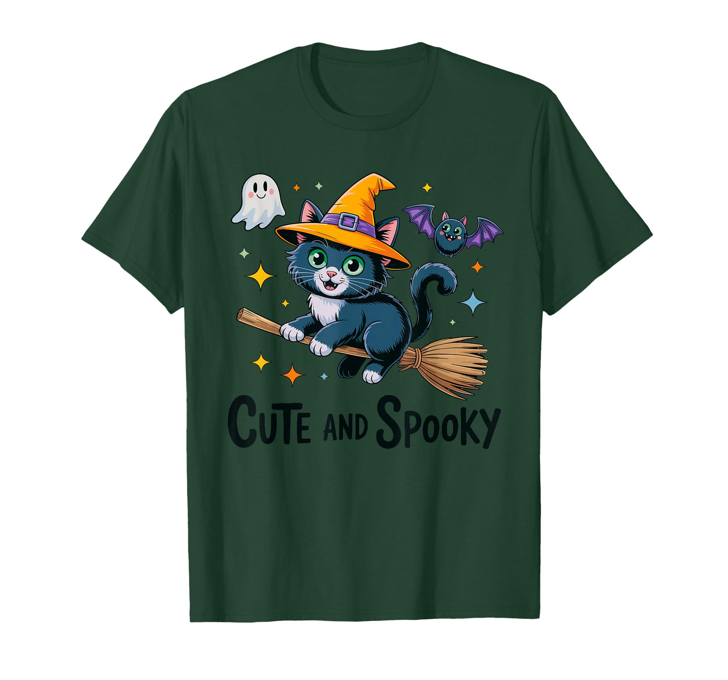 Halloween Cute Cat Flying On Broom with Ghost Stars T-Shirt