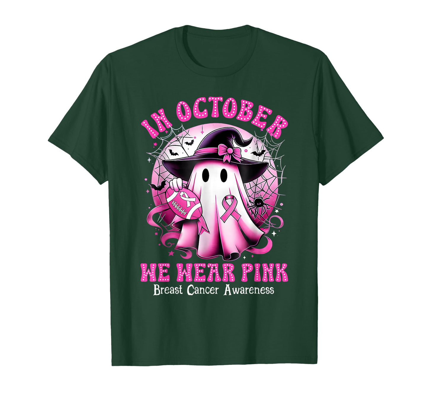 in October We Wear Pink Witch Ghost Breast Cancer Awareness T-Shirt