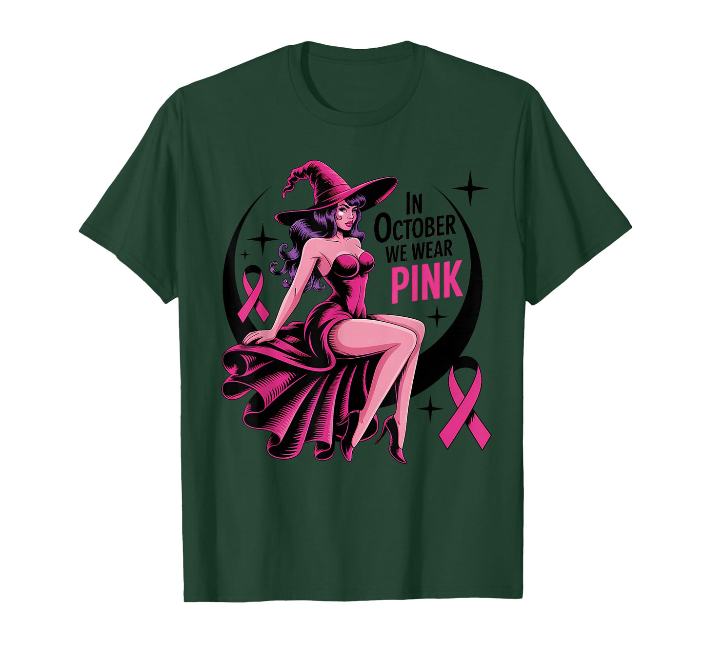 in October We Wear Pink Witch Breast Cancer Awareness Women T-Shirt