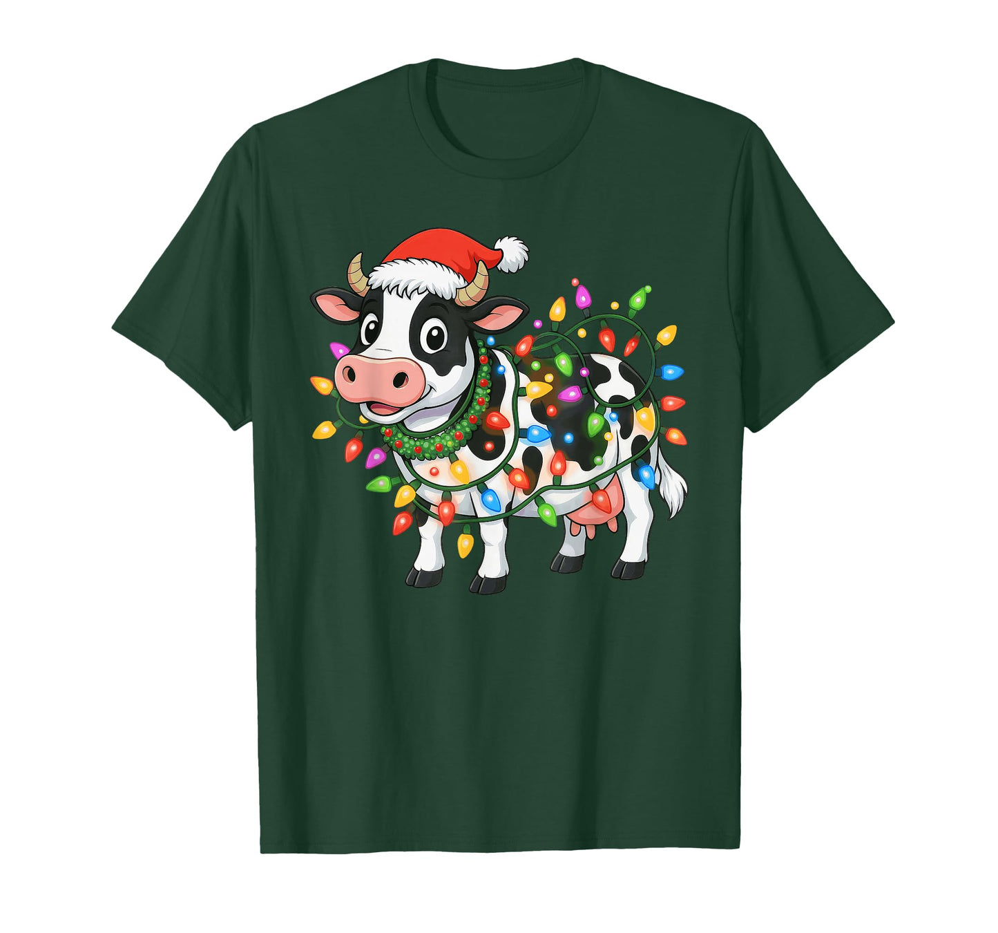 Christmas Cow Santa Hat Lights Xmas Men Women Boys Kids T-Shirt