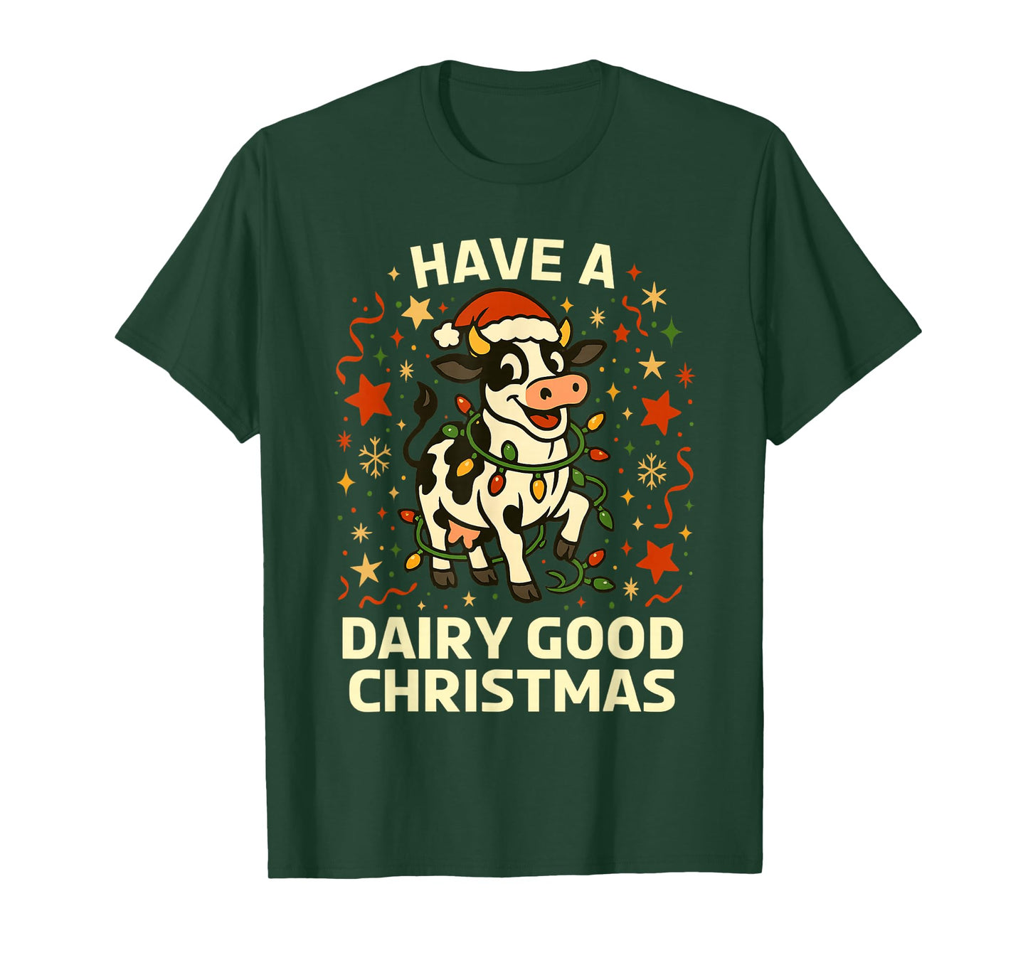 Christmas Holstein Cow Lights Funny Dairy Good Pun T-Shirt