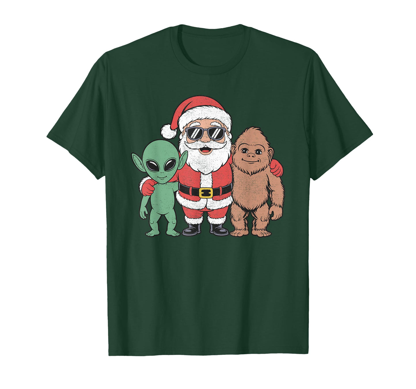 Santa Bigfoot Alien Christmas Distressed T-Shirt
