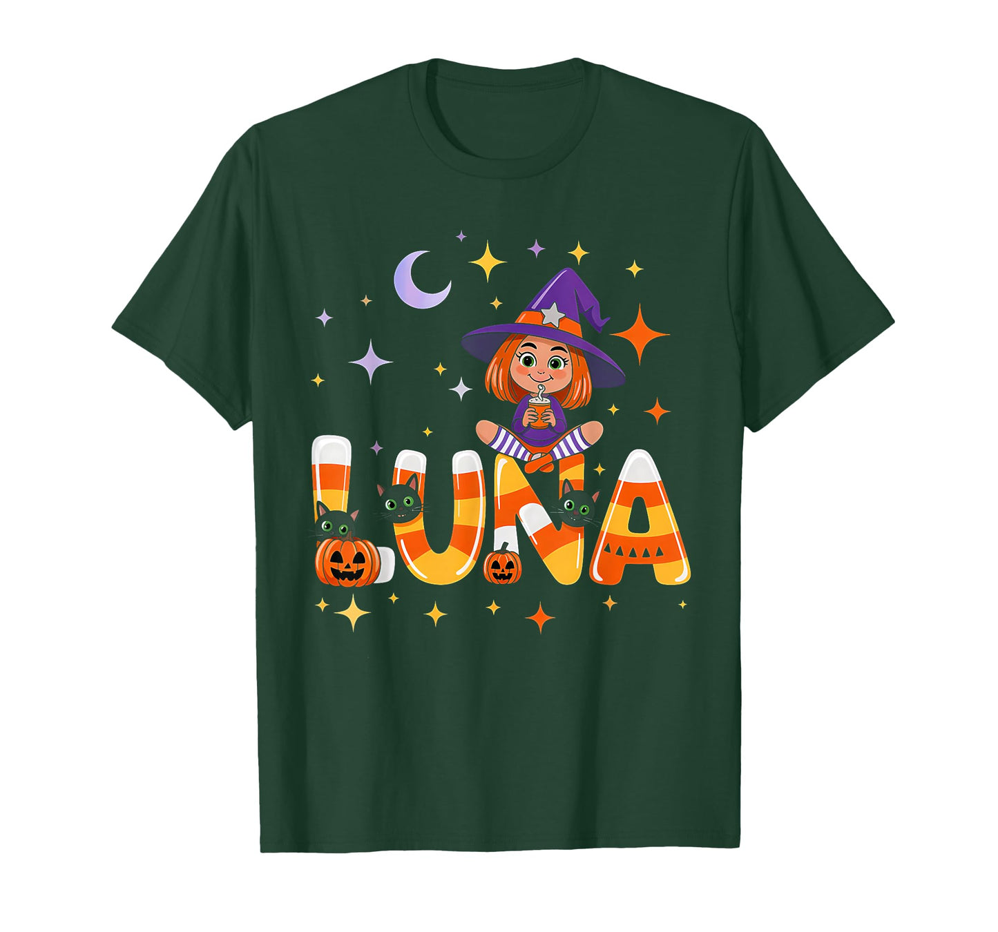 Luna Witch Candy Corn Cat Halloween Women and Girls T-Shirt