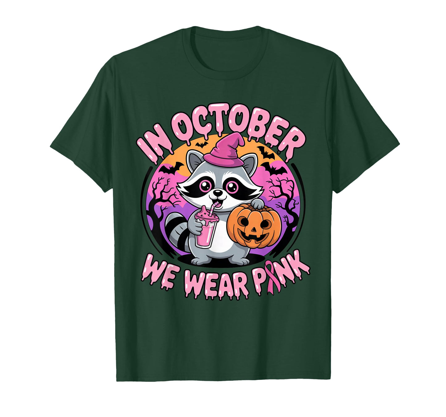 in October We Wear Pink Raccoon Spooky Witch Pumpkin Squad T-Shirt