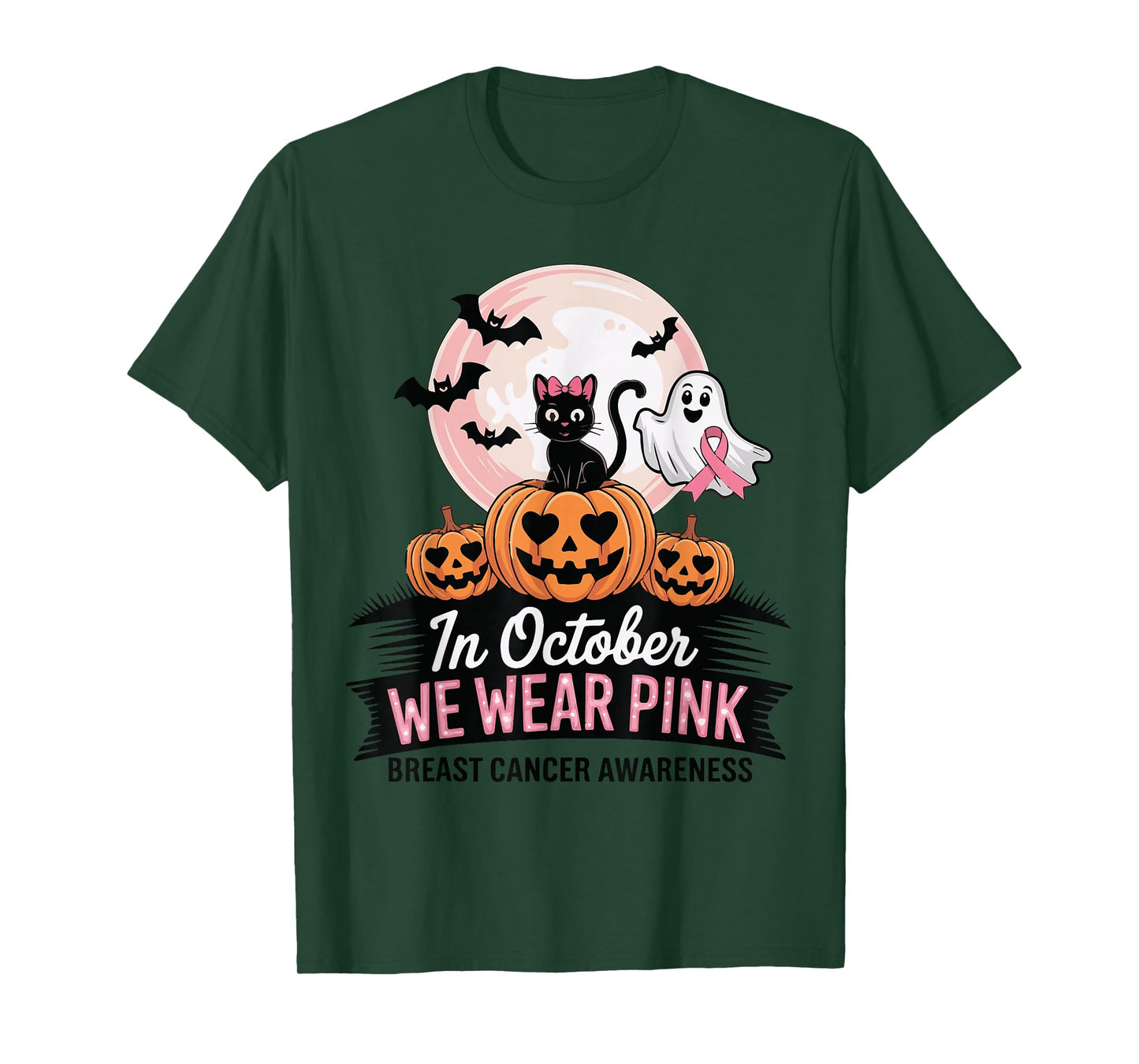 in October We Wear Pink Ghost Witch Breast Cancer Awareness T-Shirt