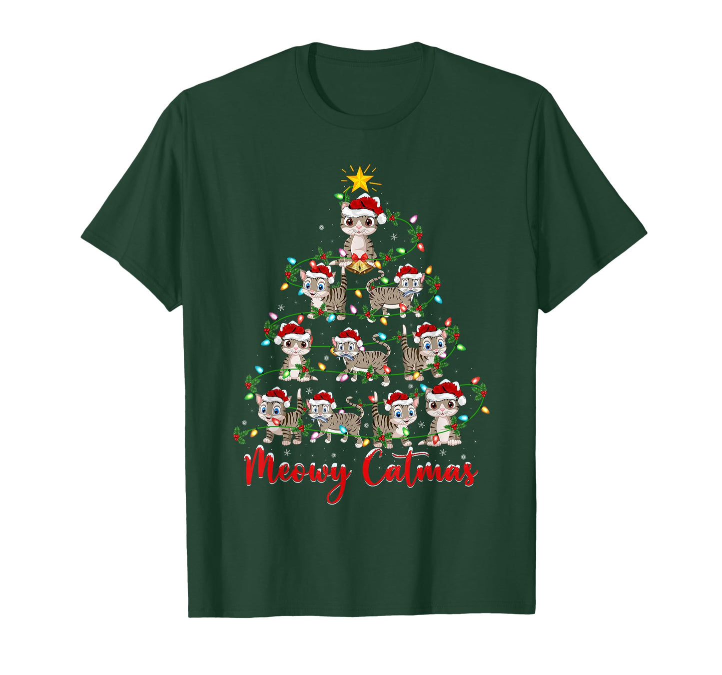 Cat Christmas Tree Lights Meowy Catmas Xmas Boys Girls Kids T-Shirt