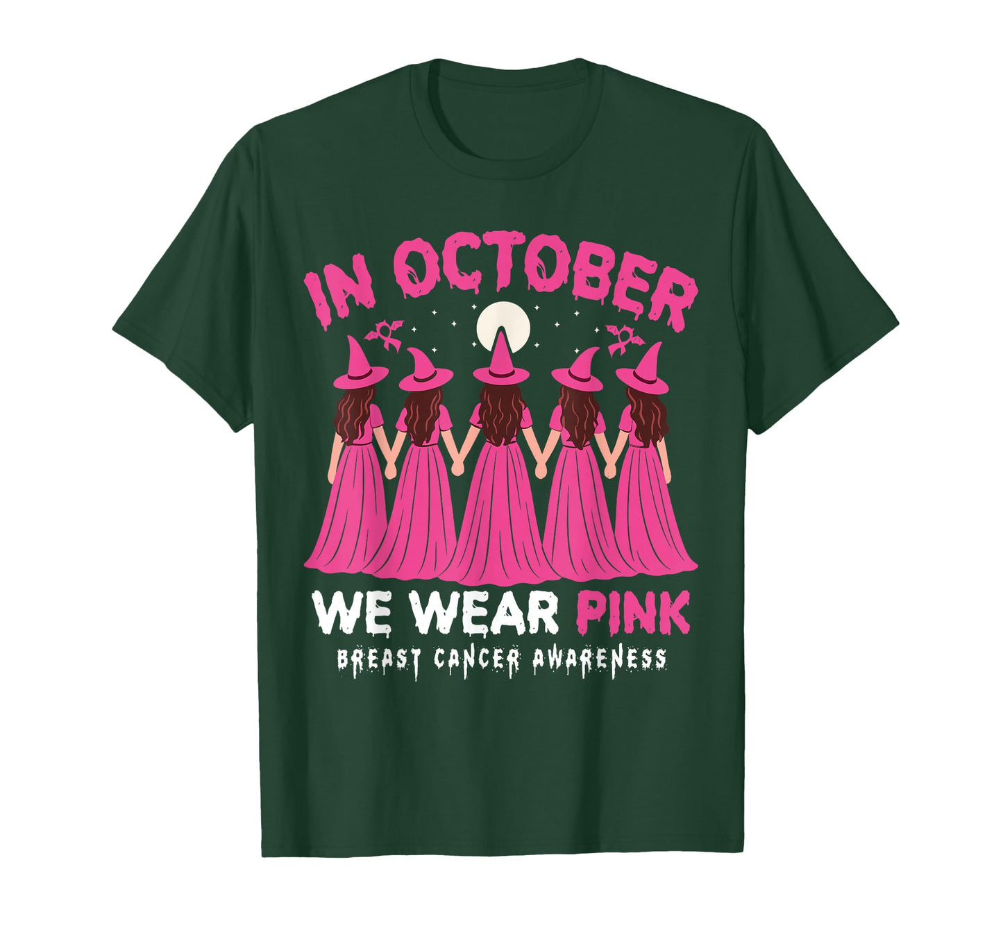 in October We Wear Pink Halloween Witch Breast Cancer Women T-Shirt