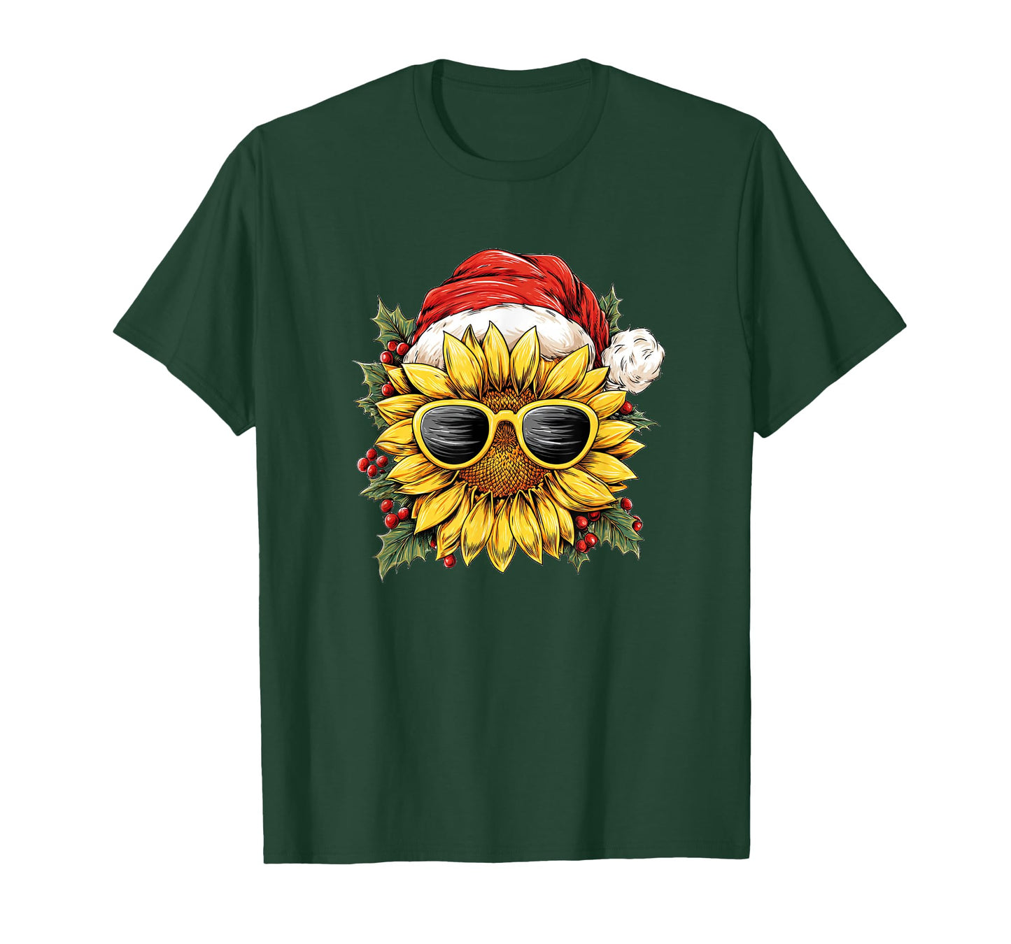 Festive Sunflower in Xmas Style for Santa Hat and Sunglasses T-Shirt