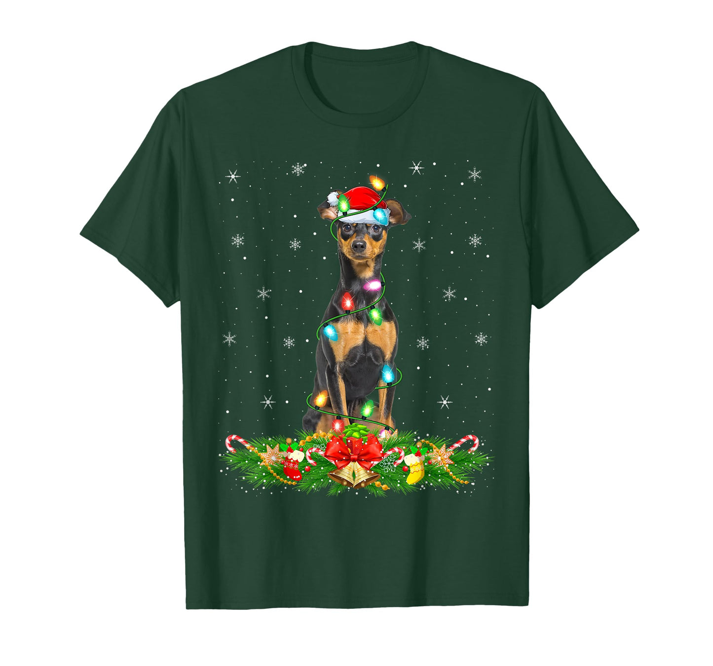 Miniature Pinscher Dog Christmas Lights Funny Santa Hat Xmas T-Shirt