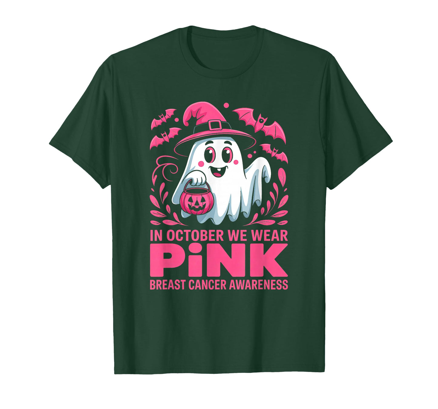 in October We Wear Pink Ghost Breast Cancer Women Halloween T-Shirt