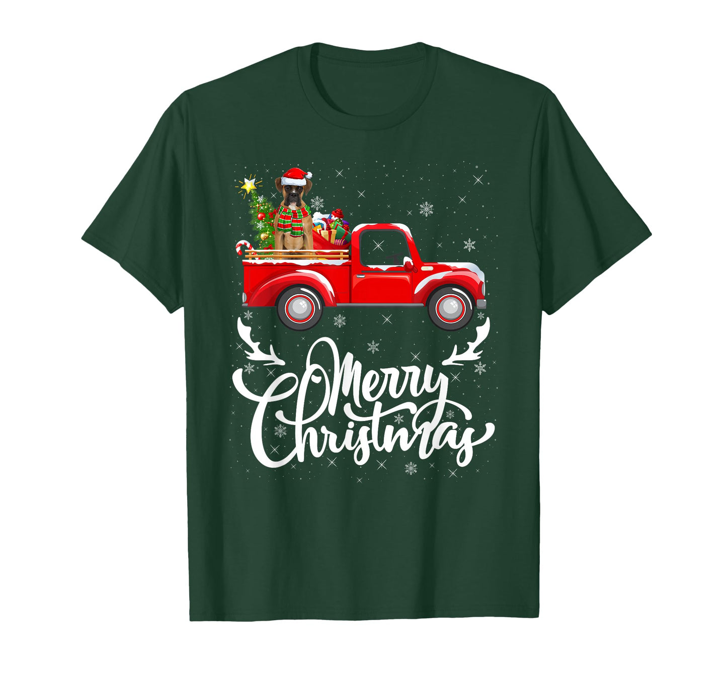 Boxer Dog On Christmas Red Truck Funny Pet Dog Lover Xmas T-Shirt