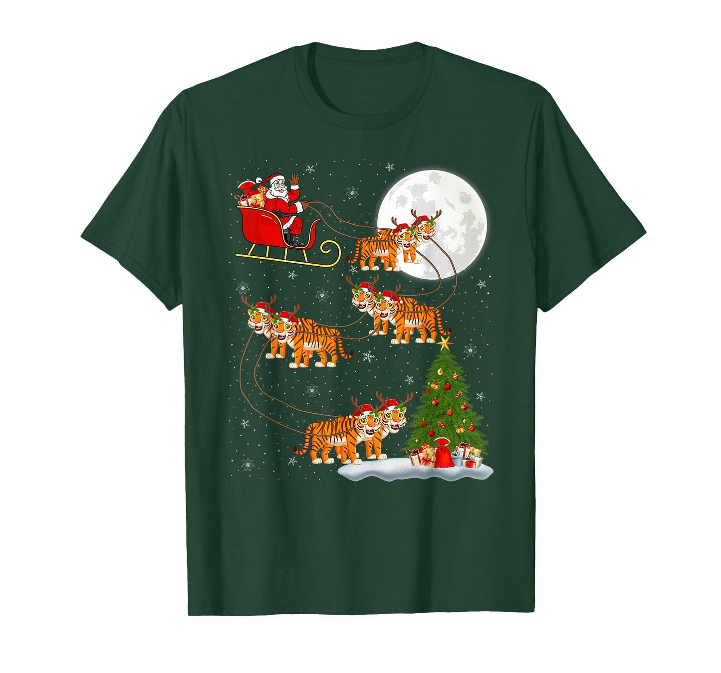 Tiger Santa Sleigh Flying Funny Magical Christmas T-Shirt