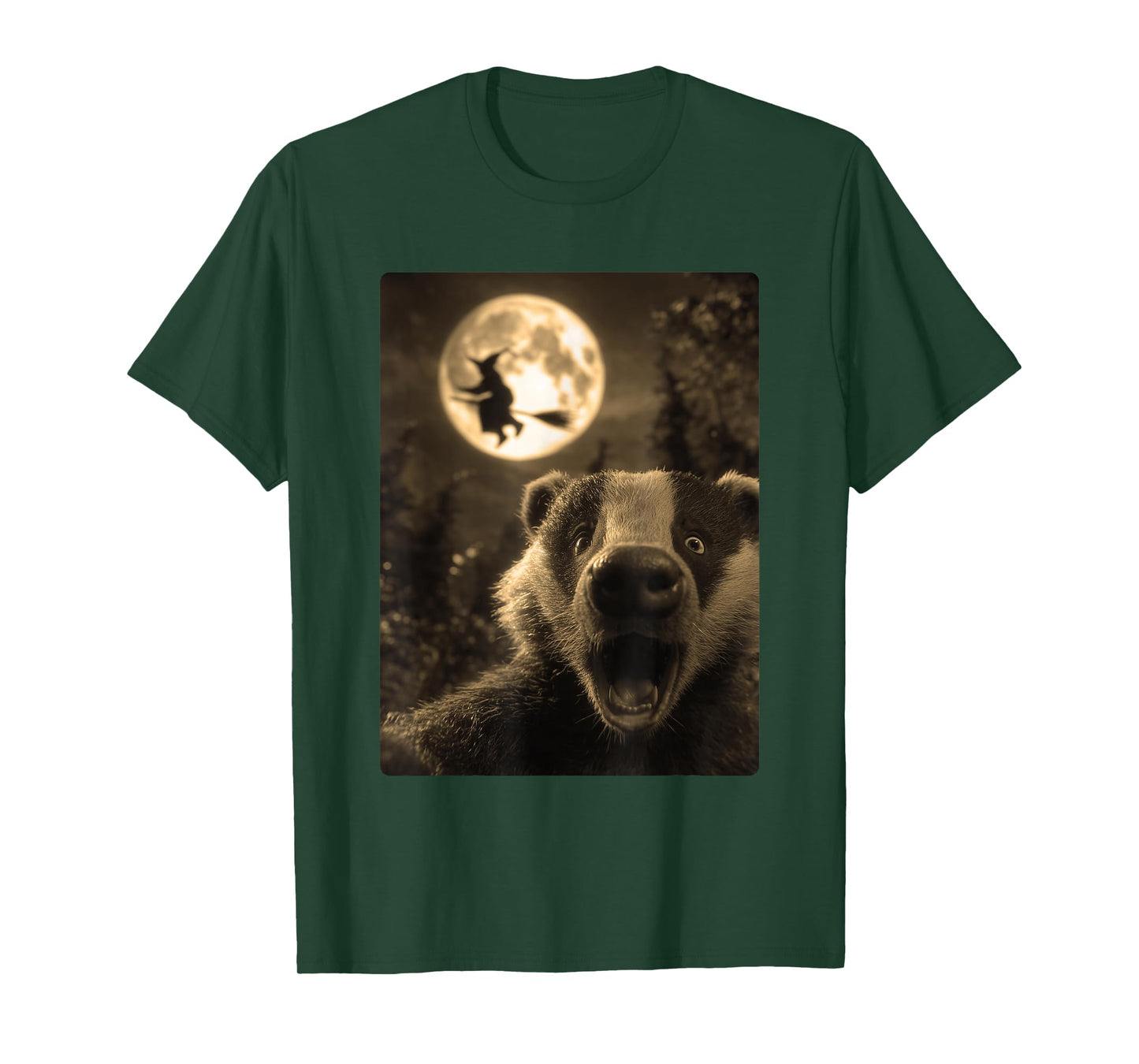 Funny Badger Selfie Full Moon Flying Witch Forest Halloween T-Shirt