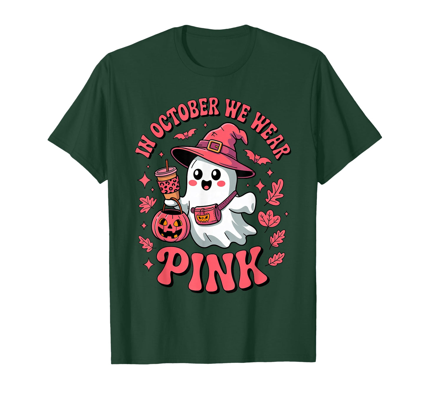 Cute Ghost with Coffee in October We Wear Pink Breast Cancer T-Shirt