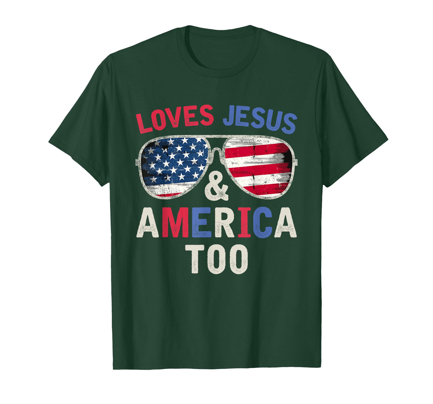 Loves Jesus and America Too God Christian Groovy 4th of July T-Shirt